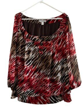 Dressbarn Womens 22/24 Red/Brown & Brown Animal Print Blouse With Balloon Sleeve